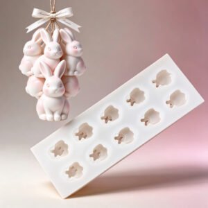 10 Cavity 3D Rabbit Silicone Mold, DIY Aromatherapy Candle Handmade Soap Resin Gypsum Ornament Making Mold, Cute Bunny Hanging Decor Craft Mold