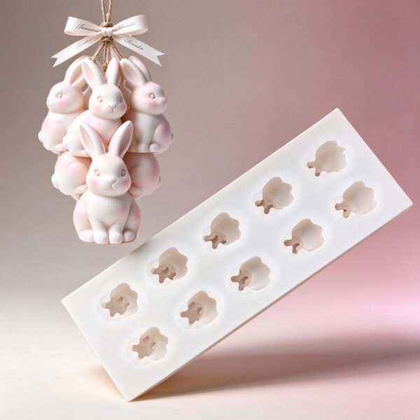10 Cavity 3D Rabbit Silicone Mold, DIY Aromatherapy Candle Handmade Soap Resin Gypsum Ornament Making Mold, Cute Bunny Hanging Decor Craft Mold