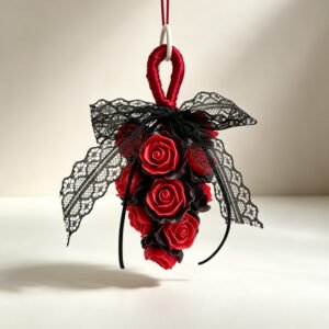 Handmade Dried Rose Grape Shaped Hanging Scented Soap Ornament, Gothic Dark Red Rose with Black Lace Bow, Luxury Aromatic Wall Hanging Decorative Soap for Home Ornament & Unique Gift