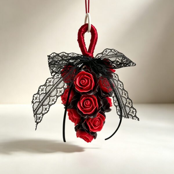 Handmade Dried Rose Grape Shaped Hanging Scented Soap Ornament, Gothic Dark Red Rose with Black Lace Bow, Luxury Aromatic Wall Hanging Decorative Soap for Home Ornament & Unique Gift